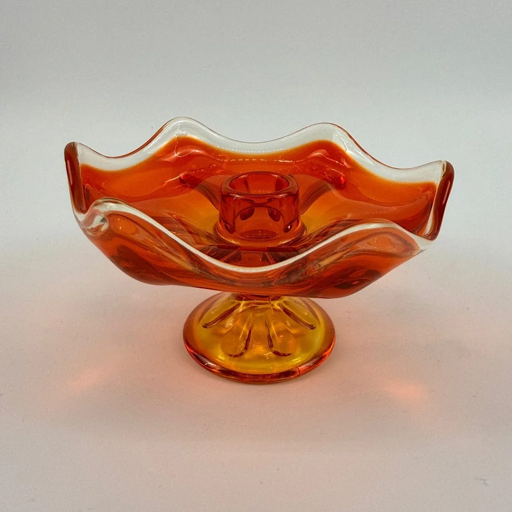 Viking Epic 6 Petal Persimmon Pedestal Taper Candle Holder Art Glass MCM